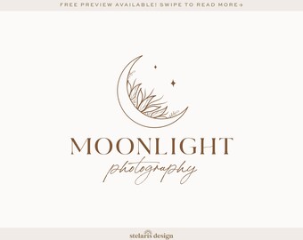 Moon and Stars Logo, Boho Logo Design, Moon Phase Logo, Crescent Moon Floral Logo, Hand Drawn Logo, Mystic Logo, Magic Logo  565