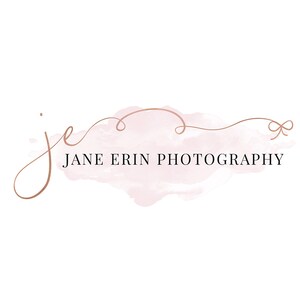 May include: A logo for Jane Erin Photography, featuring a handwritten cursive "je" with a delicate pink watercolor background and a small bow.