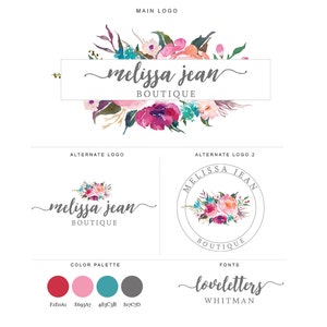 May include: A logo design for a boutique called "melissa jean" featuring a watercolor floral arrangement in shades of pink, purple, teal, and gray. The text "melissa jean" is written in a cursive font and the word "BOUTIQUE" is written in a sans-serif font.