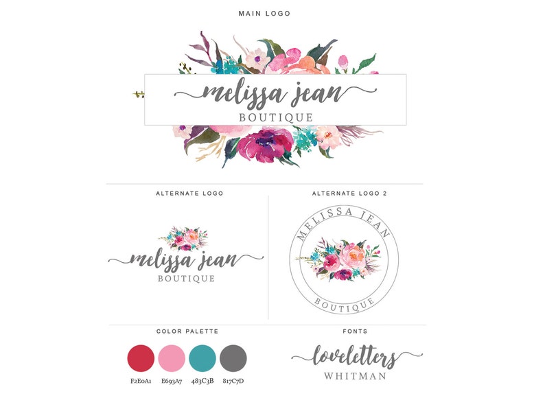 May include: A logo design for a boutique called "melissa jean" featuring a watercolor floral arrangement in shades of pink, purple, teal, and gray. The text "melissa jean" is written in a cursive font and the word "BOUTIQUE" is written in a sans-serif font.