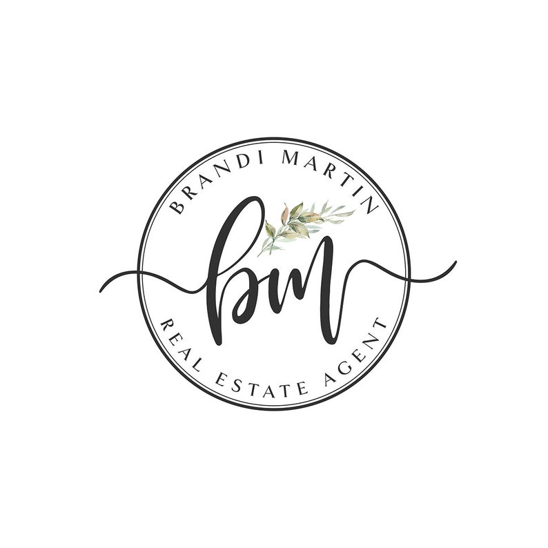 May include: A circular logo with the text "Brandi Martin Real Estate Agent" in a black font. The initials "bm" are in a cursive script, with a floral accent. The logo is on a white background.