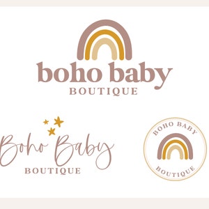 May include: A logo for a shop called "boho baby boutique" featuring a rainbow with yellow, orange, and brown colours. The logo is displayed in three different styles: a simple rainbow, a rainbow with stars, and a rainbow inside a circle with the shop name.
