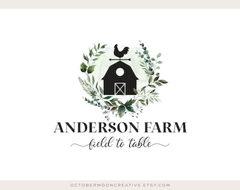 Farmhouse Barn Logo, Rooster Chicken Barn Logo, Farm Logo, Homestead Logo, Premade Watercolor Coop Logo, Floral Logo, Country Farm Logo 615