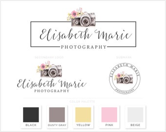 Mini Branding Package, Photography Logo and Watermark, Watercolor Floral Camera Premade Marketing Kit bp12