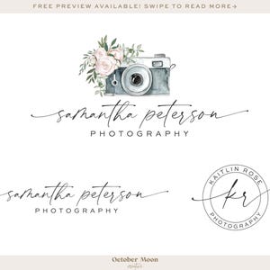 以下が含まれることがあります： 写真事業のウォーターカラーロゴデザイン。ロゴは、花柄のアクセントが付いたビンテージカメラと「Samantha Peterson Photography」のテキストを特徴としています。