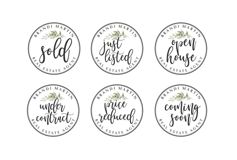 May include: A collection of six circular real estate agent logos. Each logo features the name "Brandi Martin" and the words "Real Estate Agent" in a circular design. The logos display phrases like "Sold" and "Just Listed".