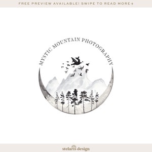 Mountain Logo, Woodland Logo, Pine Forest Logo, Wilderness Logo, Mystical Woods Logo, Round Watercolor Photography Logo, North Logo 575