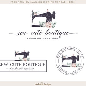Könnte beinhalten: Logo von Sew Cute Boutique mit einer schwarzen Nähmaschine mit rosa und weißen floralen Akzenten. Der Text "Sew Cute Boutique" ist in einer kursiven Schrift geschrieben, darunter die Worte "Handmade Creations".