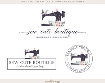 Sewing Machine Logo Design, Premade Seamstress Logo, Clothing Boutique Logo Kit, Watercolor Floral Frame Logo Branding Package bp72