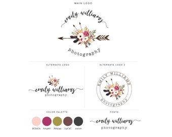 Mini Branding Package, Photography Logo and Watermark, Watercolor Floral Frame Bohemian Arrow logo, Premade Marketing Kit bp19