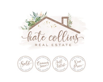 Real Estate Logo Design and Stamps, Floral House Roof Logo, Real Estate Branding, Listing Badges 514