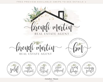 Real Estate Logo Design and Stamps, Floral House Roof Logo,   Real Estate Listing Badges, Realtor Branding 526