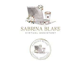 Premade Virtual Assistant Logo Design, Watercolor Laptop, Editable PSD