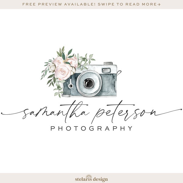 Photography Logo and Watermark, Premade Floral Camera Logo, Pink Peonies Logo, Pre-designed Logo, Vintage Camera Logo 516