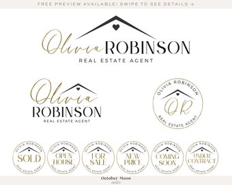 Real Estate Logo, Black & Gold Minimal Feminine Realtor Branding Package, Real Estate Listing Stamps, Realtor Marketing Badges 127a