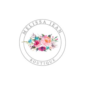 May include: A gray circle with the text "Melissa Jean Boutique" and a watercolor floral design in shades of pink, purple, blue, and green.