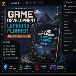Op de afbeelding: Een spiraalgebonden Game Development Learning Planner voor 2026-2027 met pixel art van een personage in een landschap. De interface toont een quest log, projectstatistieken en tekst waaronder Plan. Build. Test. Level Up. en 100+ sjablonen.