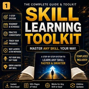 Op de afbeelding: Een digitale gids genaamd Skill Learning Toolkit met een 7-stappenplan, roadmap en voortgangsregistratie. De afbeelding bevat gouden tekst op een zwarte achtergrond, een laptopscherm en opengeklapte boekpagina's.