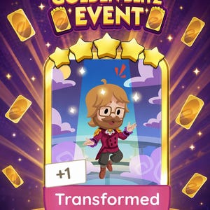 Pode incluir: Imagem promocional para Monopoly Go! com o "Golden Blitz Event". A imagem mostra uma personagem de desenho animado com uma roupa vermelha e roxa, com a palavra "Transformado" na parte inferior. O fundo é roxo com detalhes dourados e estrelas.