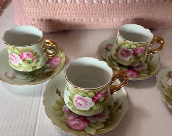 Vintage Linke Kulturerbe Grün Teetasse Untertassen Set, handbemalt rosa Rosen Porzellan Trio (3067)