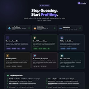 May include: A dark webpage promoting a tool for Etsy sellers, with the headline "Stop Guessing. Start Profiting." It details features like offline functionality, filament tracking, and Etsy fee breakdowns, all designed to help price 3D print listings.