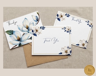 Blaue Magnolie Dankeskarten 10er-Set, luxuriöses Briefpapier mit Umschlägen, elegantes Geschenk für Frauen