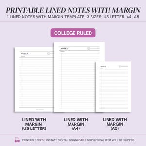 Puede incluir: Plantilla imprimible de notas con líneas y margen en tres tamaños: US Letter, A4 y A5. El papel blanco presenta líneas horizontales, una sección de encabezado con la palabra NOTES, una línea de tema y un campo de fecha. El diseño incluye un margen.