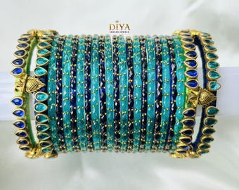 Conjunto de brazaletes de pavo real indio, brazaletes de cristal turquesa, conjunto de chura de hilo de seda, kada verde azulado y azul marino, joyería para invitados de boda, chooda festiva, diya