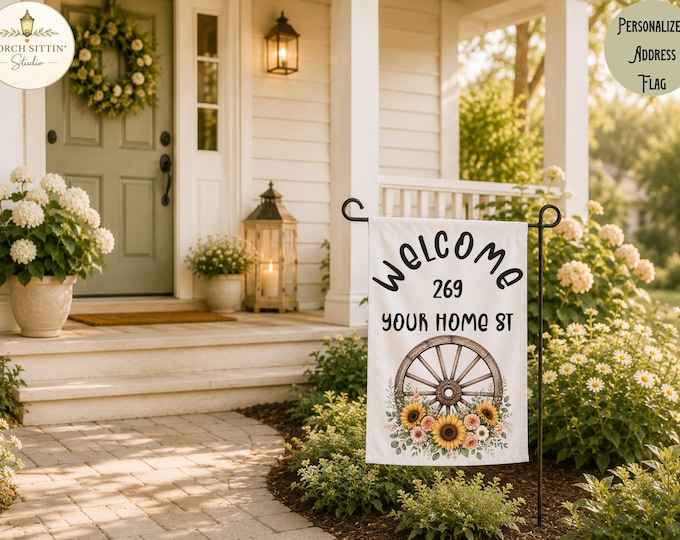 Custom Sunflower House Banner, Wagon Wheel Floral Decor, Country Welcome Porch Accent