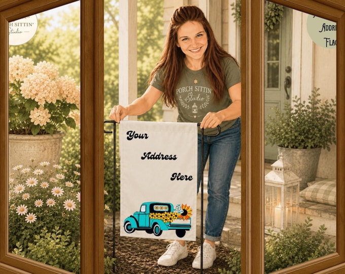 Custom Old Blue Truck Address Yard Flag, Sunflower Farmhouse Garden Decor, Outdoor Welcome Gift
