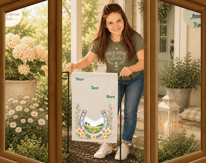 Personalized Address Yard Flag, Horseshoe Farmhouse Garden Flag, Custom Porch Decor, Sublimated House Number