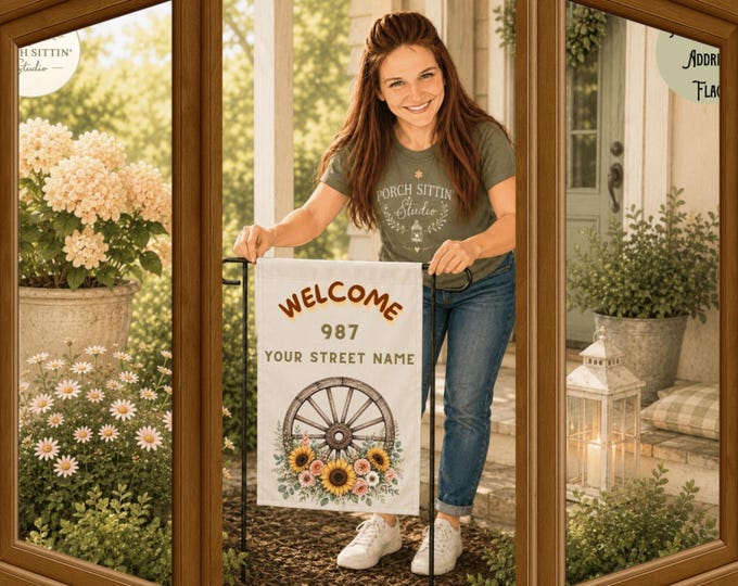 Custom Sunflower House Banner, Wagon Wheel Floral Decor, Country Welcome Porch Accent