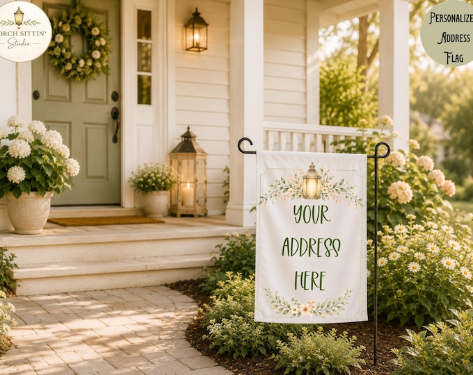 Personalized Lantern Botanical Address Flag, Elegant Cottage Porch Decor, Custom Garden Welcome Banner