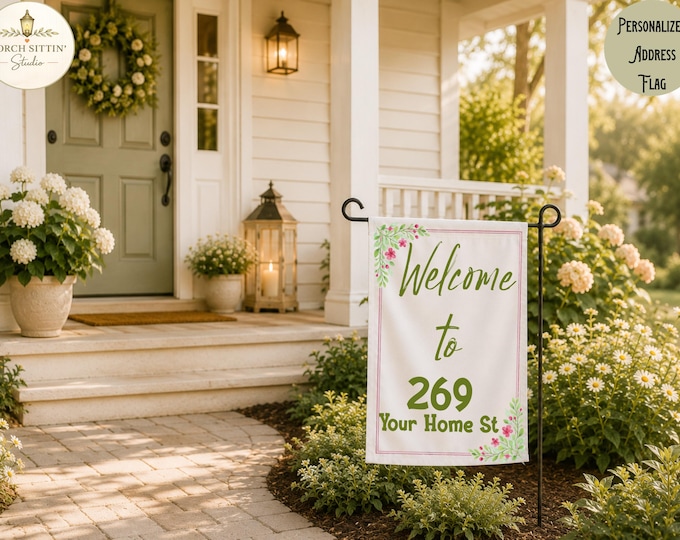 Personalized Floral Address Banner, Cottage Garden Welcome Decor, Custom Spring Porch Accent Flag