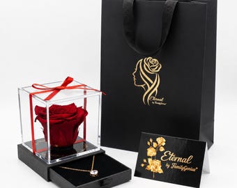 Rosa eterna con collar, rosa natural preservada de Ecuador en caja regalo con cajón secreto, regalo romántico para ella