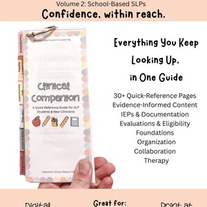 May include: A Clinical Companion Volume 2: School-Based SLPs quick reference guide with a metal ring binder. The cover features the text Clinical Companion, a list of topics including IEPs, documentation, evaluations, and therapy, and colorful icons.