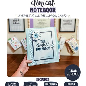 May include: A light blue binder titled The Clinical Notebook with a white and blue checkered border and a smiley face flower graphic. The cover features the text The Clinical Notebook and Mustard Seed Speech & Learning. It includes 20 templates.