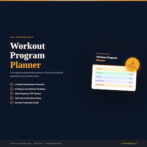 Può includere: Grafica blu scuro con il testo "Workout Program Planner" e una descrizione del prodotto. Include un elenco di funzionalità e una piccola grafica di un modello di allenamento con 5 modelli.