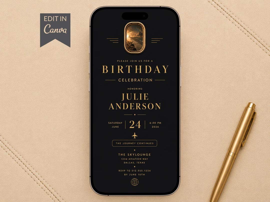 Black Gold Birthday Invitation Template, Editable Canva Invitation ...