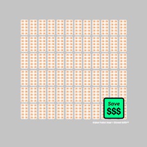 May include: A grid of beige adhesive bandages in white packaging, arranged against a gray background. A green square with the word "Save" and dollar signs is in the lower right corner. The text "Original Product Image © Discount Refills" is below the square.