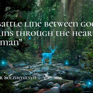 May include: A digital art piece depicts a forest scene with a glowing blue deer standing on rocks. The text "The battle line between good and evil runs through the heart of every man" is displayed above the deer, with the author's name below.