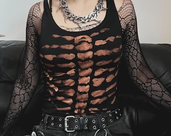 Bleached skeleton black vest / Womens fit / XS-XL
