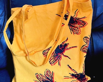 3D flies sunflower yellow tote bag // Lino-printed by hand