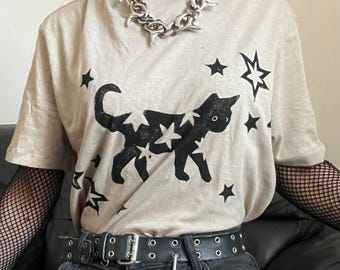 Starry cat unisex beige t-shirt, Lino-printed by hand, S-2XL