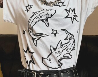 Shark white t-shirt, Lino-printed by hand, S-2XL