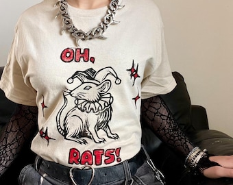 OH RATS! Beige unisex t-shirt, Lino-printed by hand, S-2XL