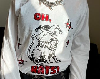 OH RATS! White unisex long sleeve, Lino-printed by hand, S-2XL