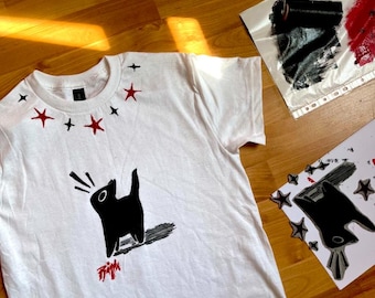 Startled creature unisex t-shirt, Lino-printed by hand, S-2XL