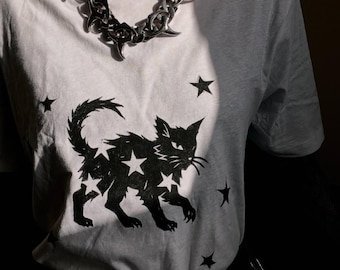 Black cat unisex t-shirt, Lino-printed by hand, S-2XL