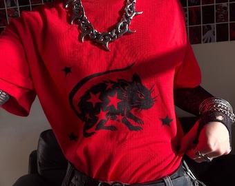 Starry rat unisex red t-shirt, Lino-printed by hand, S-2XL